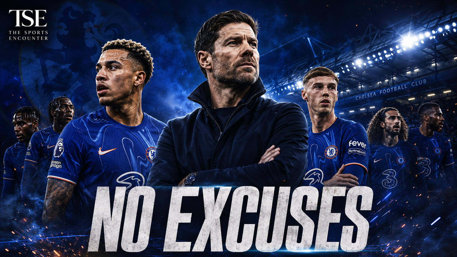 Xabi Alonso stands at Stamford Bridge with Morgan Rogers and Chelsea players as the club enters the 2026-27 season under pressure to turn heavy investment into Premier League results.