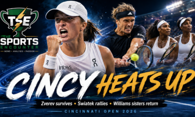 Alexander Zverev, Iga Swiatek and Serena and Venus Williams featured in a cinematic Cincinnati Open 2026 action wrap-up graphic by The Sports Encounter.