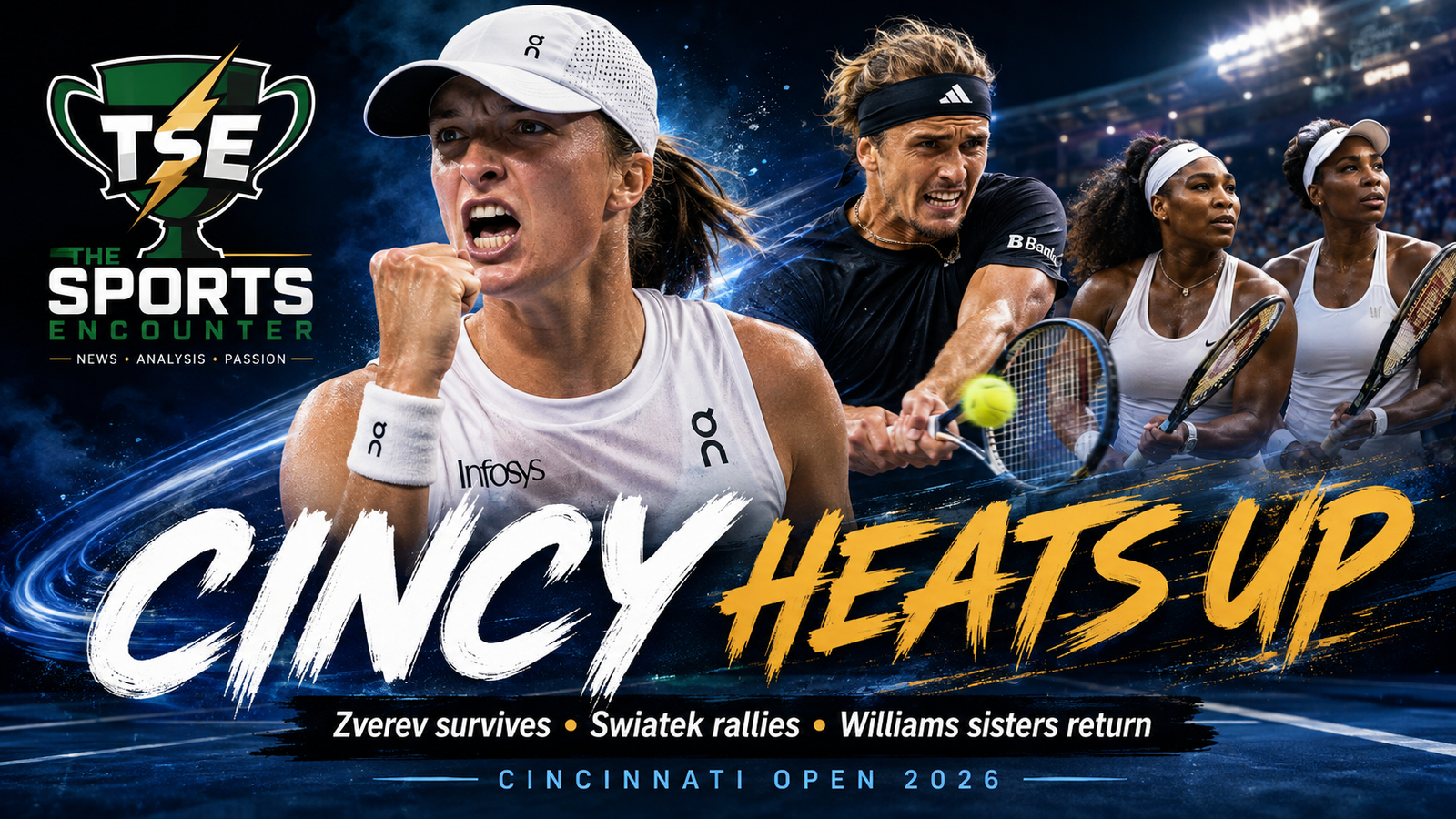 Alexander Zverev, Iga Swiatek and Serena and Venus Williams featured in a cinematic Cincinnati Open 2026 action wrap-up graphic by The Sports Encounter.