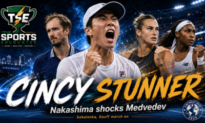 Brandon Nakashima celebrates after stunning Daniil Medvedev at the Cincinnati Open 2026, with Aryna Sabalenka and Coco Gauff featured in the August 18 tournament wrap-up graphic.