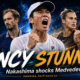 Brandon Nakashima celebrates after stunning Daniil Medvedev at the Cincinnati Open 2026, with Aryna Sabalenka and Coco Gauff featured in the August 18 tournament wrap-up graphic.