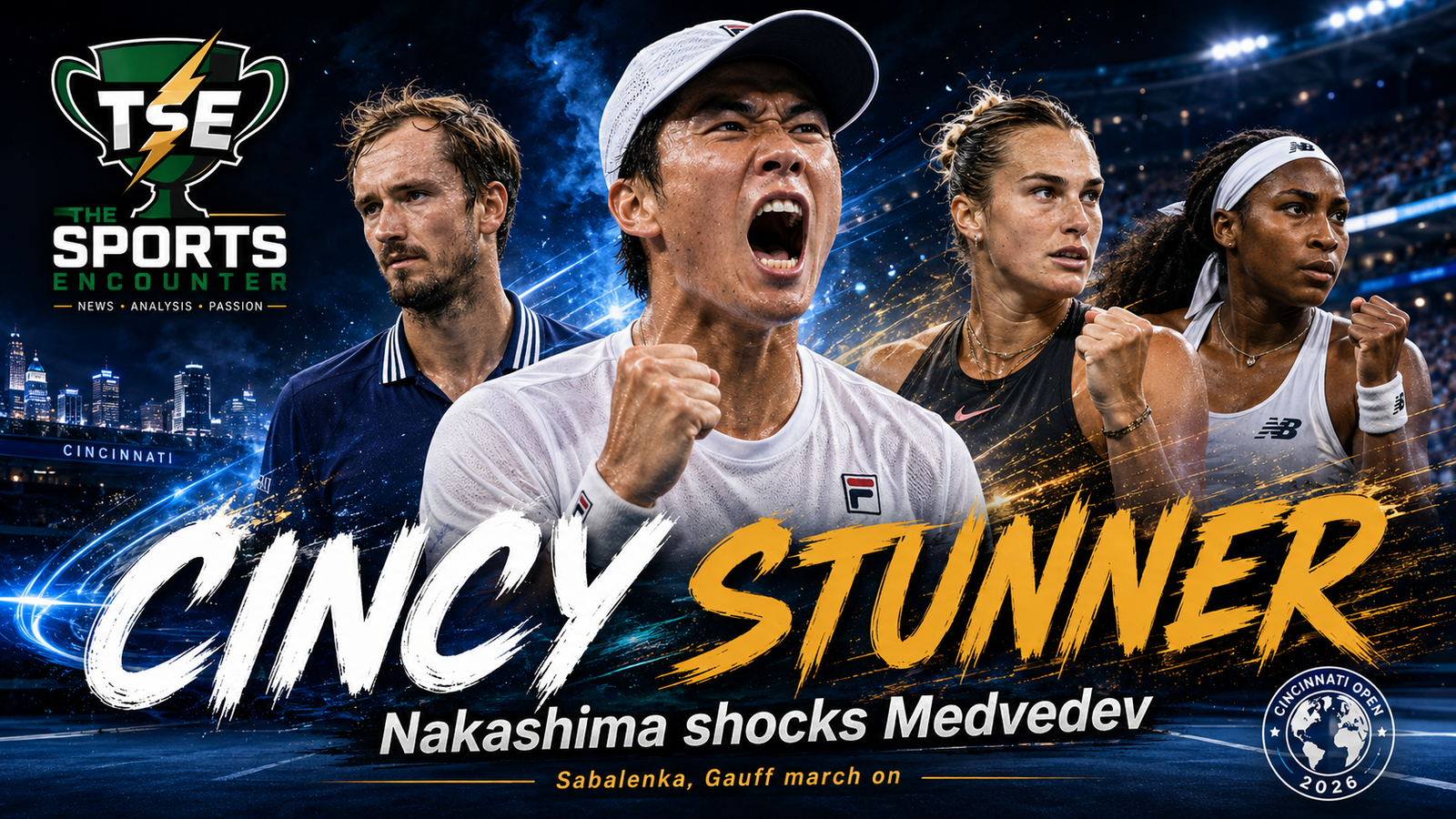 Brandon Nakashima celebrates after stunning Daniil Medvedev at the Cincinnati Open 2026, with Aryna Sabalenka and Coco Gauff featured in the August 18 tournament wrap-up graphic.
