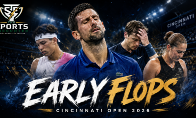 Novak Djokovic, Ben Shelton, Jack Draper and Jelena Ostapenko feature in a Cincinnati Open 2026 graphic highlighting the tournament’s biggest early failures and exits.