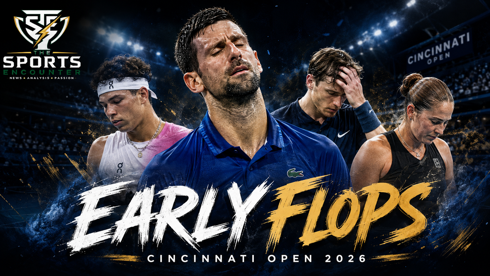 Novak Djokovic, Ben Shelton, Jack Draper and Jelena Ostapenko feature in a Cincinnati Open 2026 graphic highlighting the tournament’s biggest early failures and exits.