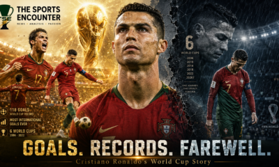 Cinematic tribute to Cristiano Ronaldo’s World Cup career, showing his rise, record-breaking goals and six-tournament journey on one side, and his emotional final farewell with Portugal on the other, under the headline “Goals. Records. Farewell.” with The Sports Encounter logo.