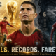 Cinematic tribute to Cristiano Ronaldo’s World Cup career, showing his rise, record-breaking goals and six-tournament journey on one side, and his emotional final farewell with Portugal on the other, under the headline “Goals. Records. Farewell.” with The Sports Encounter logo.