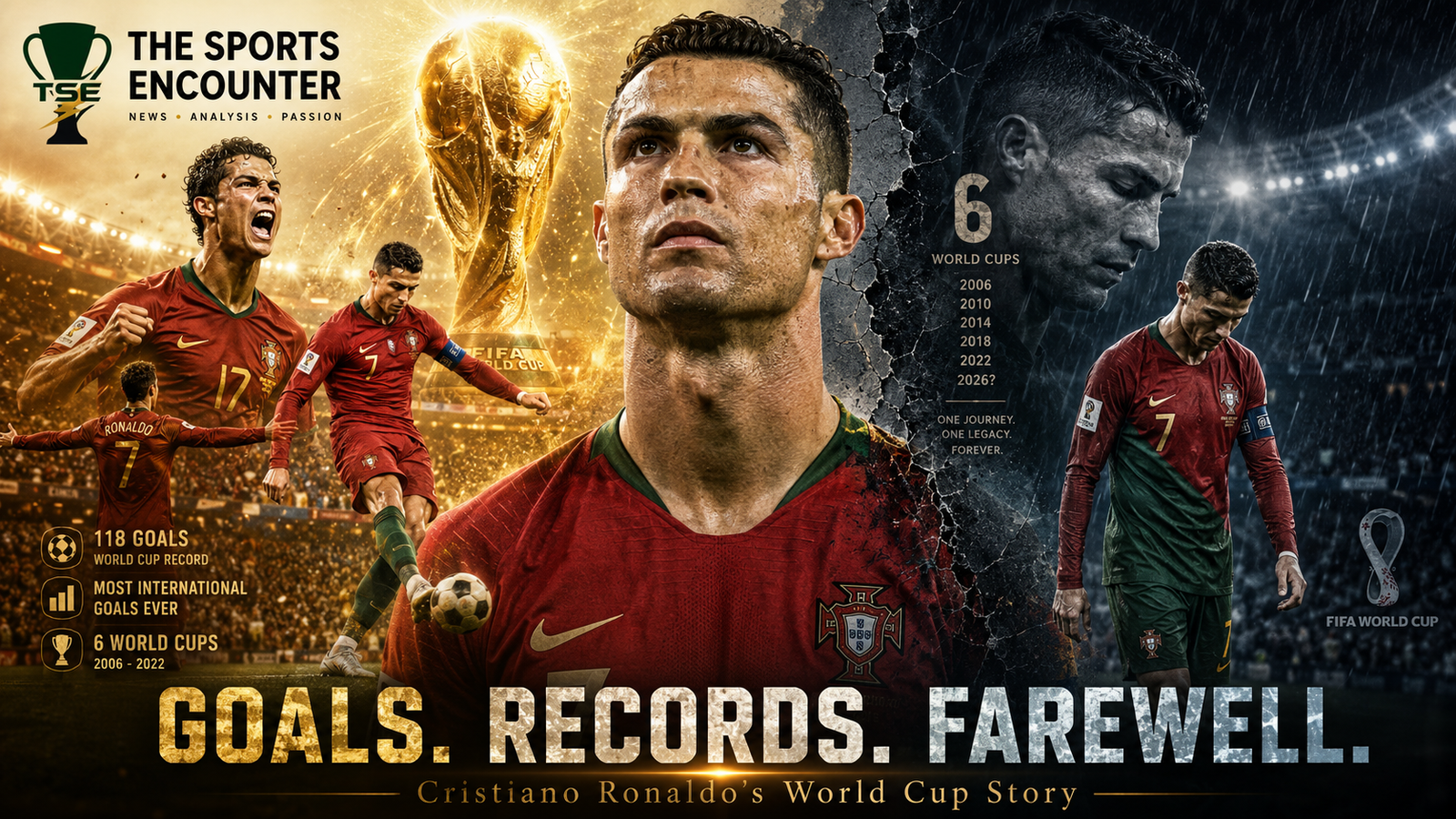 Cinematic tribute to Cristiano Ronaldo’s World Cup career, showing his rise, record-breaking goals and six-tournament journey on one side, and his emotional final farewell with Portugal on the other, under the headline “Goals. Records. Farewell.” with The Sports Encounter logo.