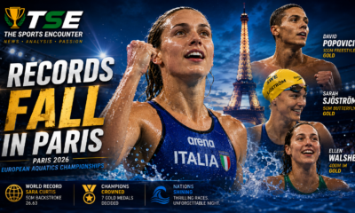 Sara Curtis leads a Paris 2026 swimming Day 3 graphic after breaking the women’s 50m backstroke world record, with David Popovici, Sarah Sjöström and Ellen Walshe also featured among the session’s major European Aquatics champions.