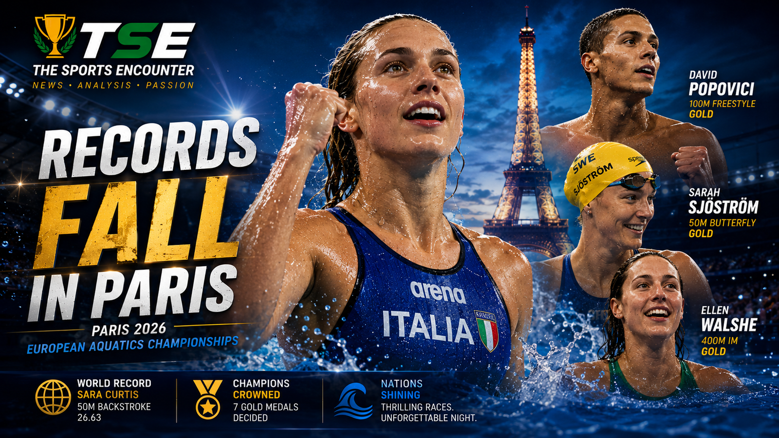 Sara Curtis leads a Paris 2026 swimming Day 3 graphic after breaking the women’s 50m backstroke world record, with David Popovici, Sarah Sjöström and Ellen Walshe also featured among the session’s major European Aquatics champions.
