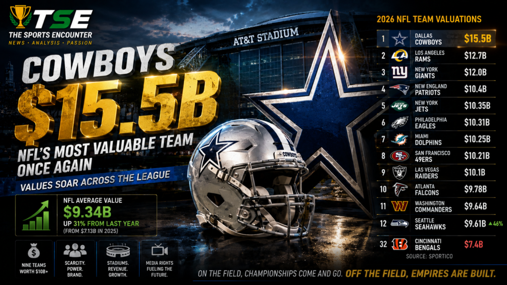 Dallas Cowboys helmet and star logo outside AT&T Stadium illustrate the franchise’s $15.5 billion valuation, with 2026 NFL team rankings showing Dallas ahead of the Rams and Giants as league values continue to surge.