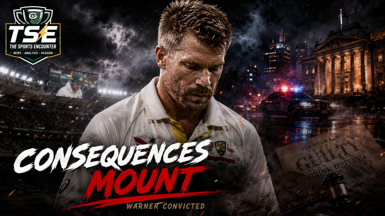 David Warner shown in a serious cricket portrait as his drink-driving conviction raises questions over his Sydney Thunder captaincy and post-cricket career.