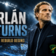 Cinematic Diego Forlán coaching graphic showing the former Uruguay star in a dark touchline jacket under stadium lights, with Uruguay flags, tactical-board markings, the headline “Forlán Returns,” the message “Uruguay’s Rebuild Begins,” and The Sports Encounter logo.