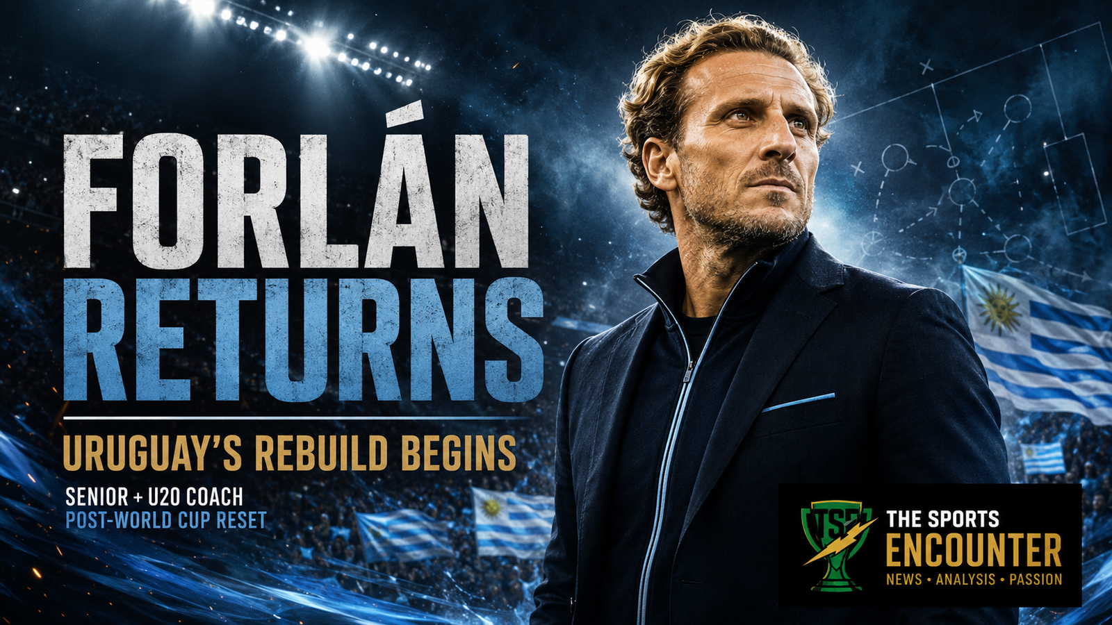 Cinematic Diego Forlán coaching graphic showing the former Uruguay star in a dark touchline jacket under stadium lights, with Uruguay flags, tactical-board markings, the headline “Forlán Returns,” the message “Uruguay’s Rebuild Begins,” and The Sports Encounter logo.
