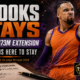 Cinematic Dillon Brooks contract-extension graphic showing a defiant basketball forward in a generic orange-and-purple uniform inside a fiery arena, with a signed three-year, $73 million contract, the headline “Brooks Stays,” the message “Villain Is Here to Stay,” and The Sports Encounter logo.