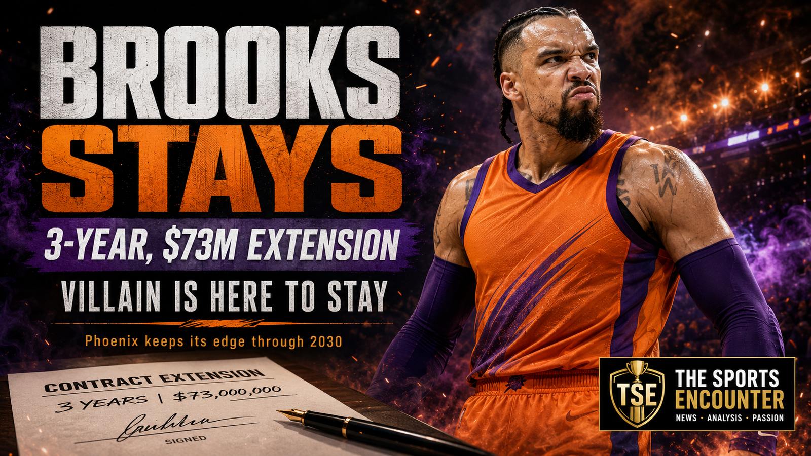 Cinematic Dillon Brooks contract-extension graphic showing a defiant basketball forward in a generic orange-and-purple uniform inside a fiery arena, with a signed three-year, $73 million contract, the headline “Brooks Stays,” the message “Villain Is Here to Stay,” and The Sports Encounter logo.