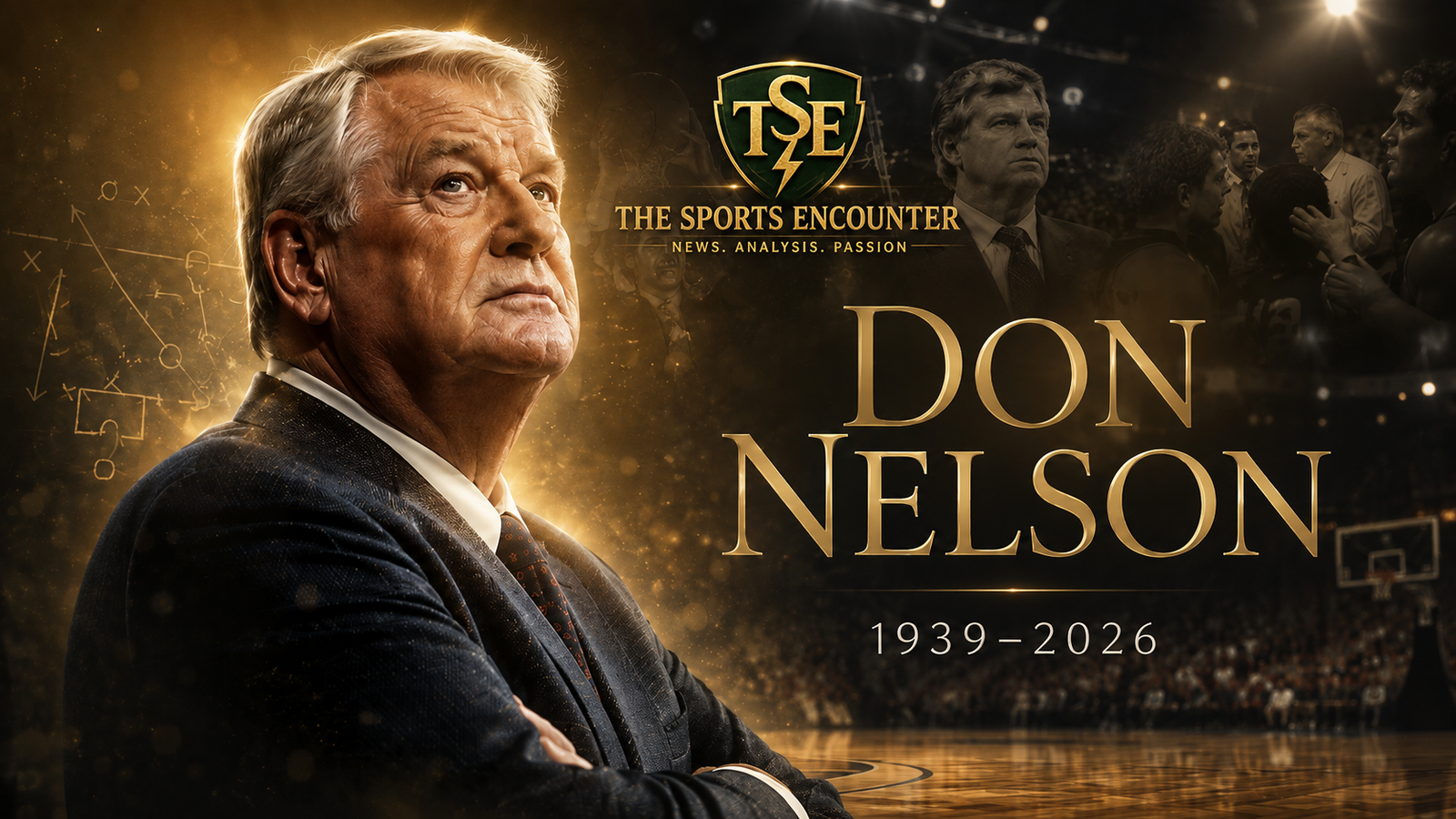 Don Nelson is honored in a cinematic basketball tribute marking his 1939–2026 life, with coaching imagery and tactical diagrams reflecting the Hall of Famer’s influence on the modern NBA.
