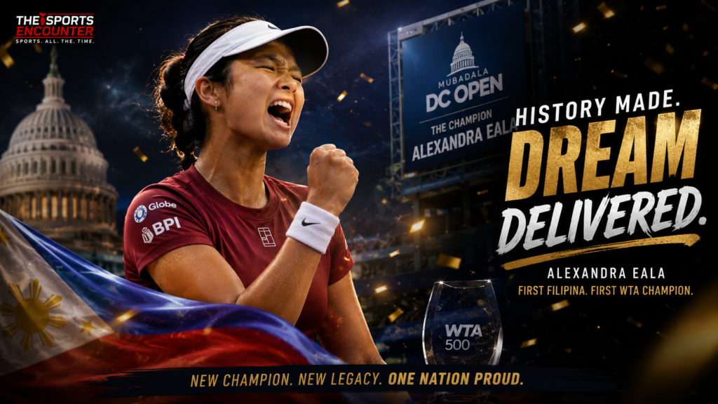 Alexandra Eala celebrates after defeating Jessica Pegula in the Mubadala DC Open women’s final to win her first WTA title.