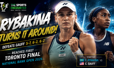 Elena Rybakina celebrates after defeating Coco Gauff in the National Bank Open 2026 women’s semifinal in Toronto.