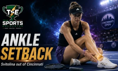 Elina Svitolina pictured in a dramatic Cincinnati Open graphic after withdrawing with a right ankle injury, raising fitness concerns ahead of the US Open 2026.