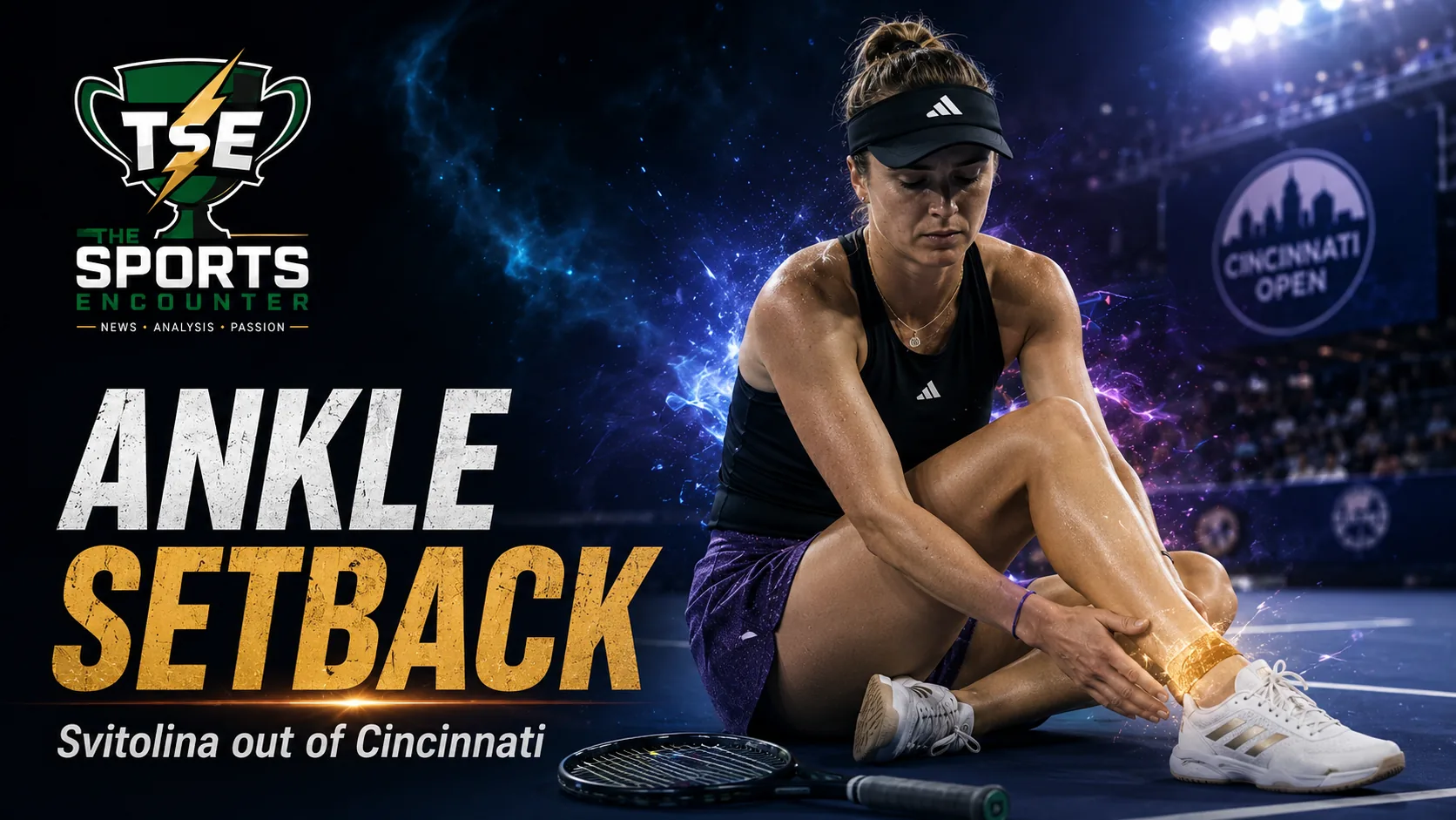 Elina Svitolina pictured in a dramatic Cincinnati Open graphic after withdrawing with a right ankle injury, raising fitness concerns ahead of the US Open 2026.
