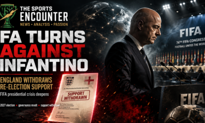 Cinematic FIFA governance graphic showing a somber football executive at a FIFA Congress podium, a glowing FA letter stamped “Support Withdrawn,” the headline “FA Turns Against Infantino,” international flags, a connected globe, and The Sports Encounter logo.