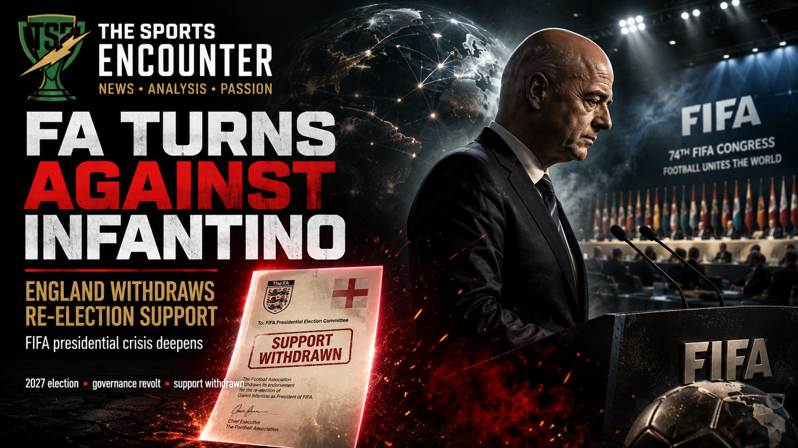Cinematic FIFA governance graphic showing a somber football executive at a FIFA Congress podium, a glowing FA letter stamped “Support Withdrawn,” the headline “FA Turns Against Infantino,” international flags, a connected globe, and The Sports Encounter logo.