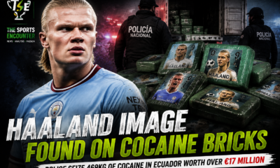 Erling Haaland pictured alongside Ecuadorian police and green cocaine packages carrying his image after authorities seized 469 kilograms of cocaine.