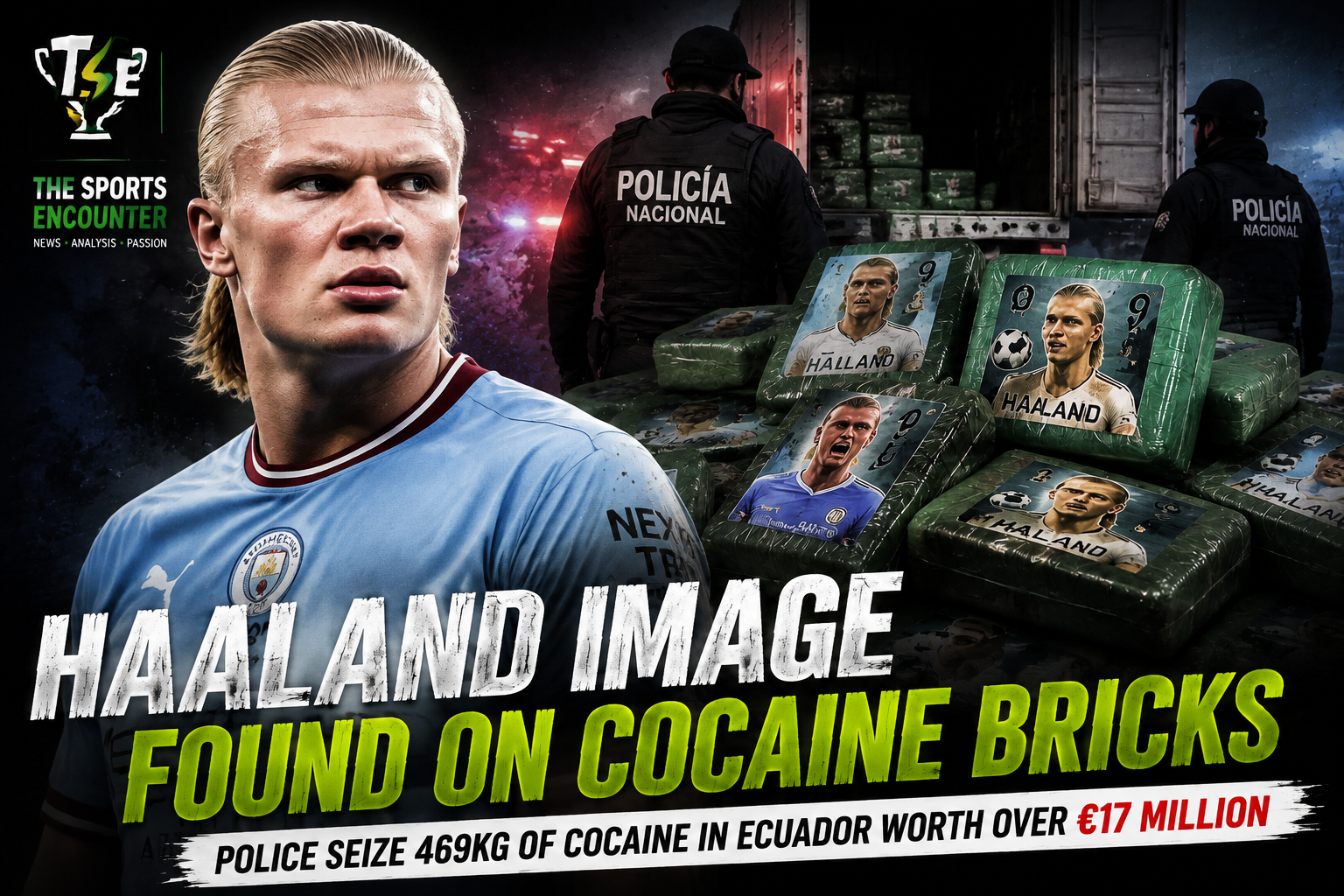 Erling Haaland pictured alongside Ecuadorian police and green cocaine packages carrying his image after authorities seized 469 kilograms of cocaine.