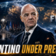 Gianni Infantino stands under intense scrutiny in a cinematic FIFA leadership crisis scene, surrounded by press cameras, officials, global football imagery, and the headline “Infantino Under Pressure.”