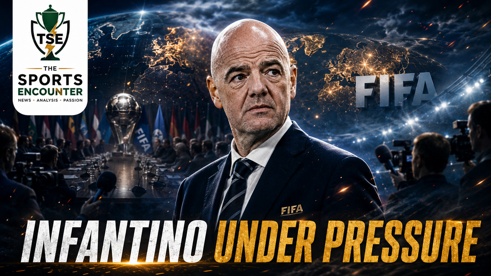 Gianni Infantino stands under intense scrutiny in a cinematic FIFA leadership crisis scene, surrounded by press cameras, officials, global football imagery, and the headline “Infantino Under Pressure.”