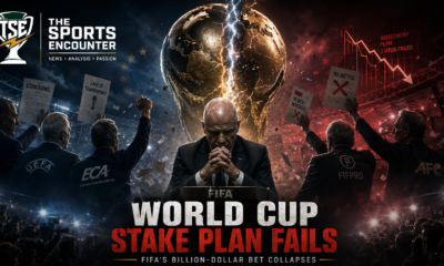 Gianni Infantino appears under a fractured World Cup trophy as UEFA, AFC, and other football stakeholders reject FIFA’s failed private investment stake plan.