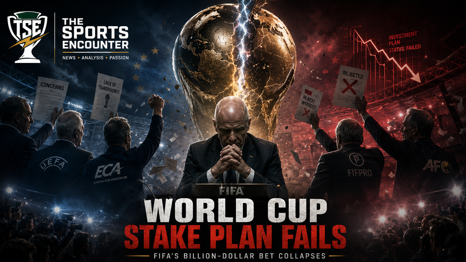 Gianni Infantino appears under a fractured World Cup trophy as UEFA, AFC, and other football stakeholders reject FIFA’s failed private investment stake plan.