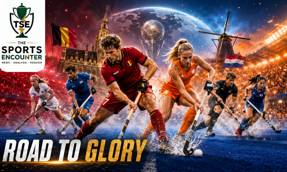 Field hockey players representing Belgium, the Netherlands and other competing nations battle for possession under dramatic stadium lights in a cinematic FIH Hockey World Cup 2026 scene, with The Sports Encounter logo and “Road to Glory” headline.