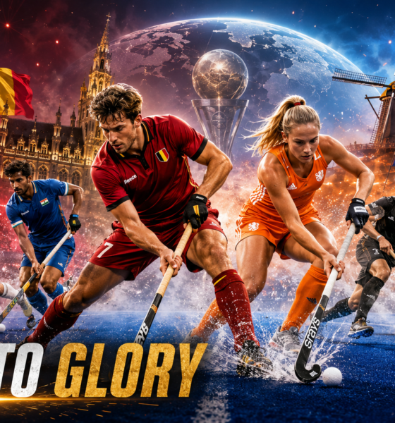 Field hockey players representing Belgium, the Netherlands and other competing nations battle for possession under dramatic stadium lights in a cinematic FIH Hockey World Cup 2026 scene, with The Sports Encounter logo and “Road to Glory” headline.