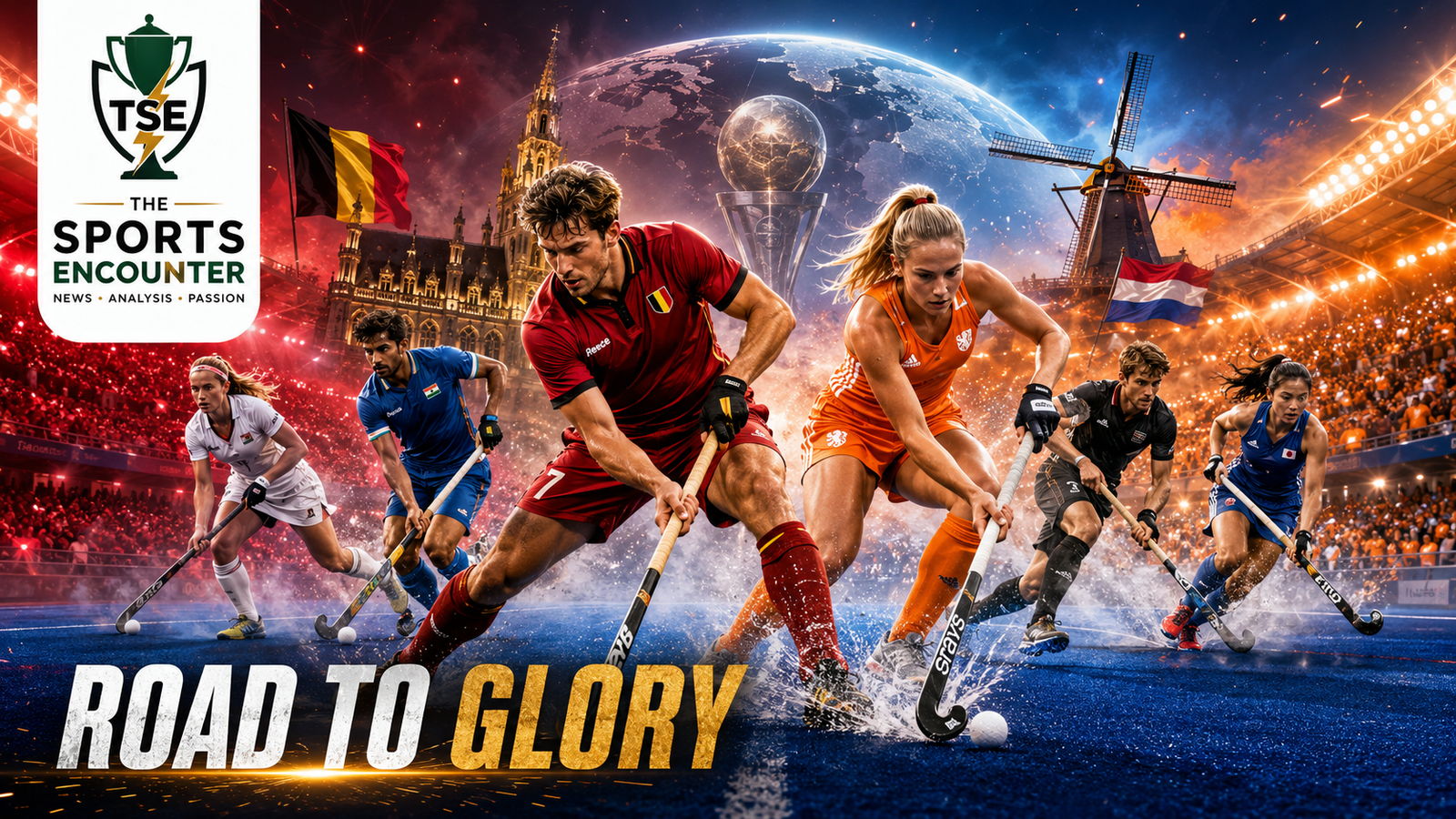Field hockey players representing Belgium, the Netherlands and other competing nations battle for possession under dramatic stadium lights in a cinematic FIH Hockey World Cup 2026 scene, with The Sports Encounter logo and “Road to Glory” headline.