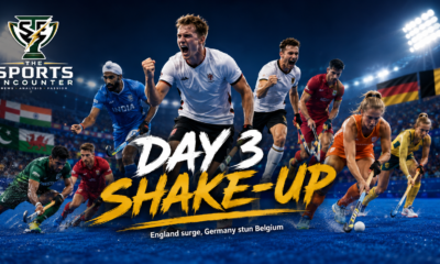 England, Germany, Pakistan, India and the Netherlands feature in a FIH Hockey World Cup 2026 Day 3 graphic highlighting the tournament’s major results and turning points.