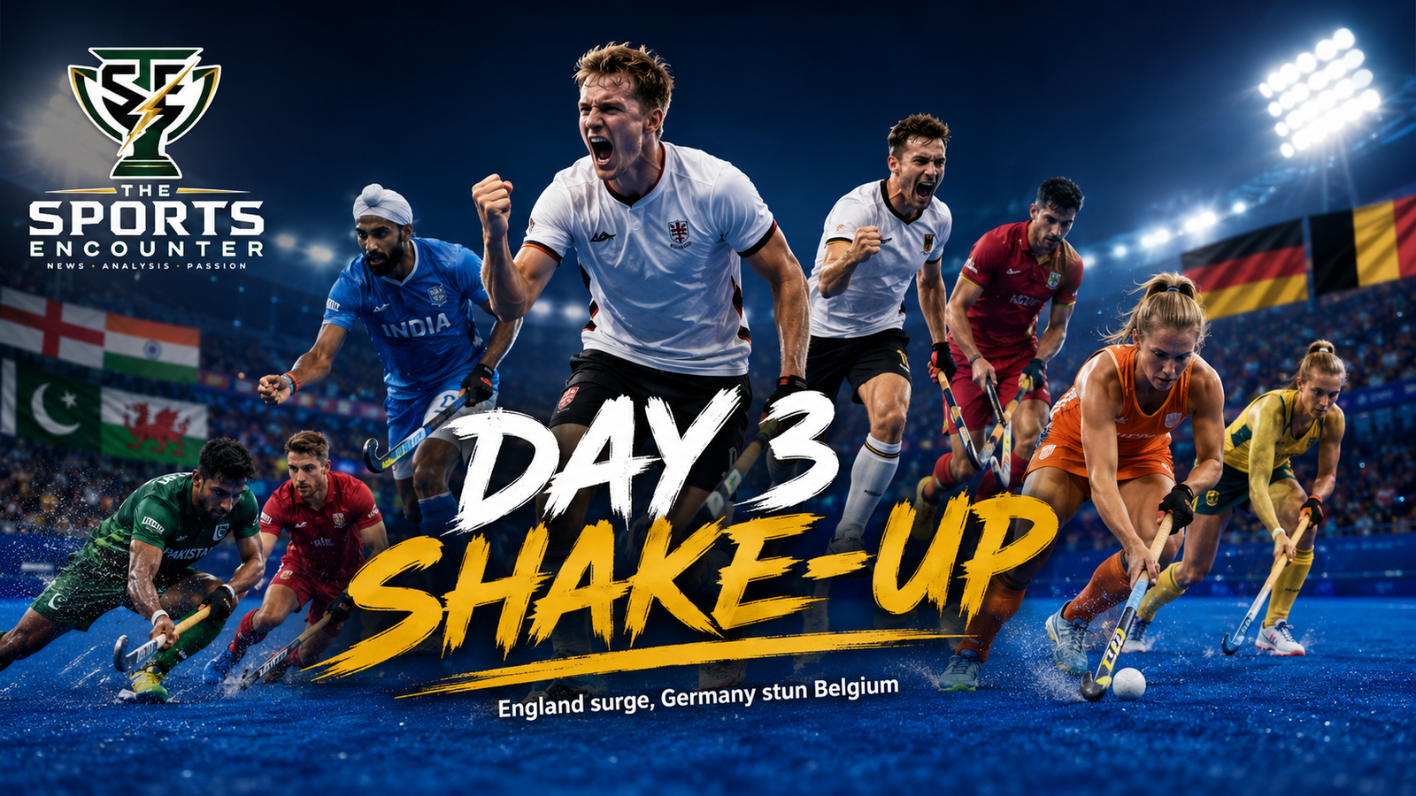 England, Germany, Pakistan, India and the Netherlands feature in a FIH Hockey World Cup 2026 Day 3 graphic highlighting the tournament’s major results and turning points.