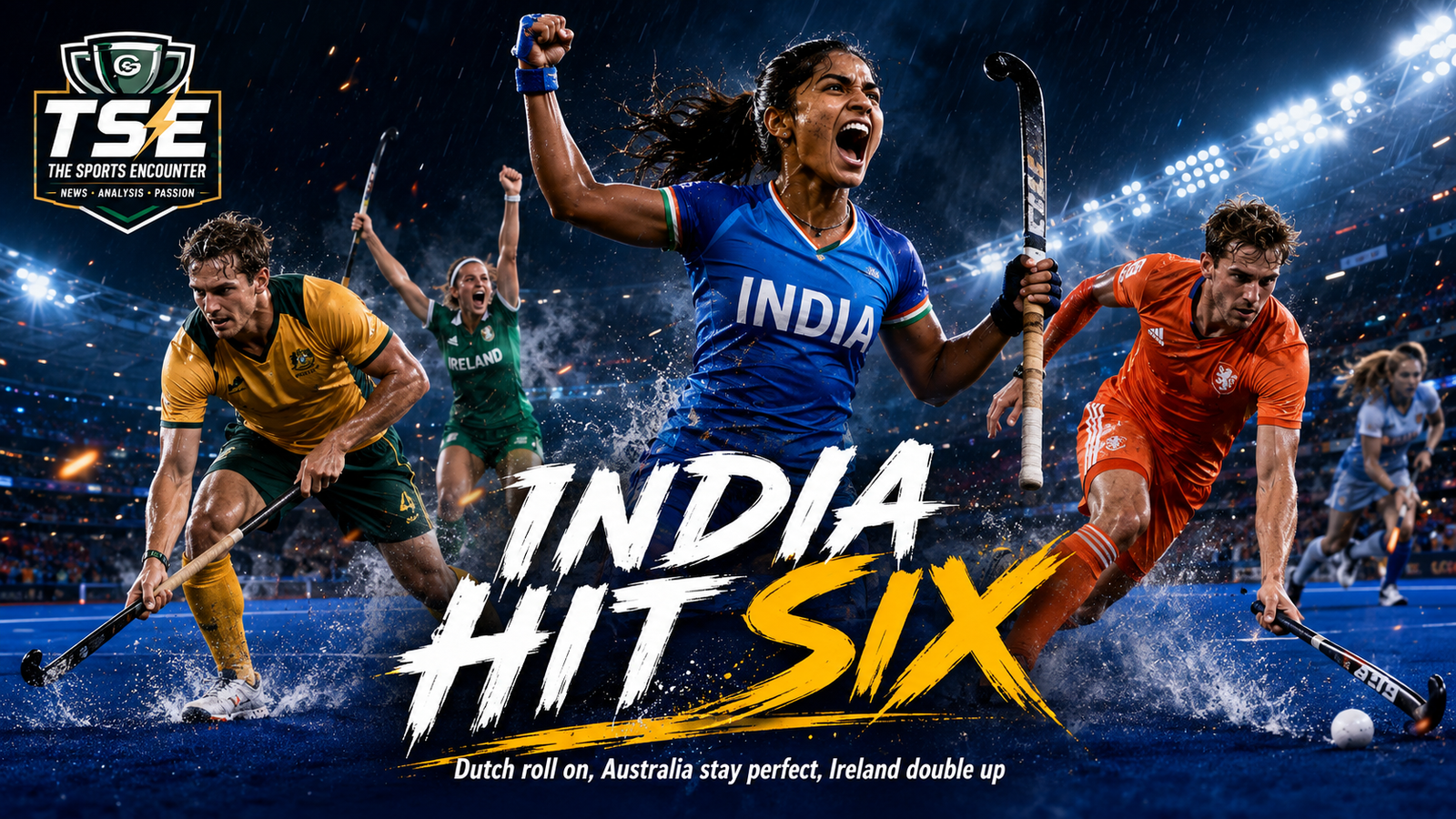 India, Australia, Netherlands, and Ireland players featured in a dramatic FIH Hockey World Cup 2026 August 18 matchday graphic after a day of major wins in the men’s and women’s tournaments.