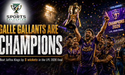 Galle Gallants players celebrate with the Lanka Premier League trophy under stadium lights in Colombo after defeating Jaffna Kings by five wickets to win the LPL 2026 final.