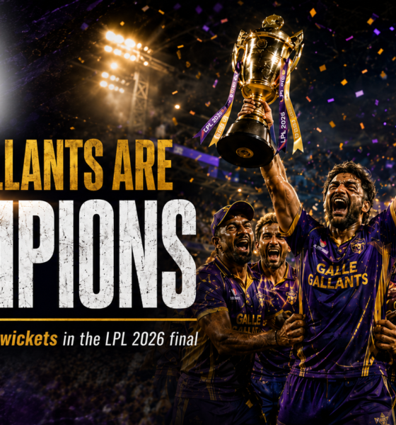 Galle Gallants players celebrate with the Lanka Premier League trophy under stadium lights in Colombo after defeating Jaffna Kings by five wickets to win the LPL 2026 final.