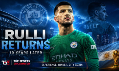 Gerónimo Rulli stands in a Manchester City goalkeeper kit against a dramatic Etihad Stadium backdrop, with the punchline “Rulli Returns: 10 Years Later” highlighting his reported comeback to City after James Trafford’s departure.