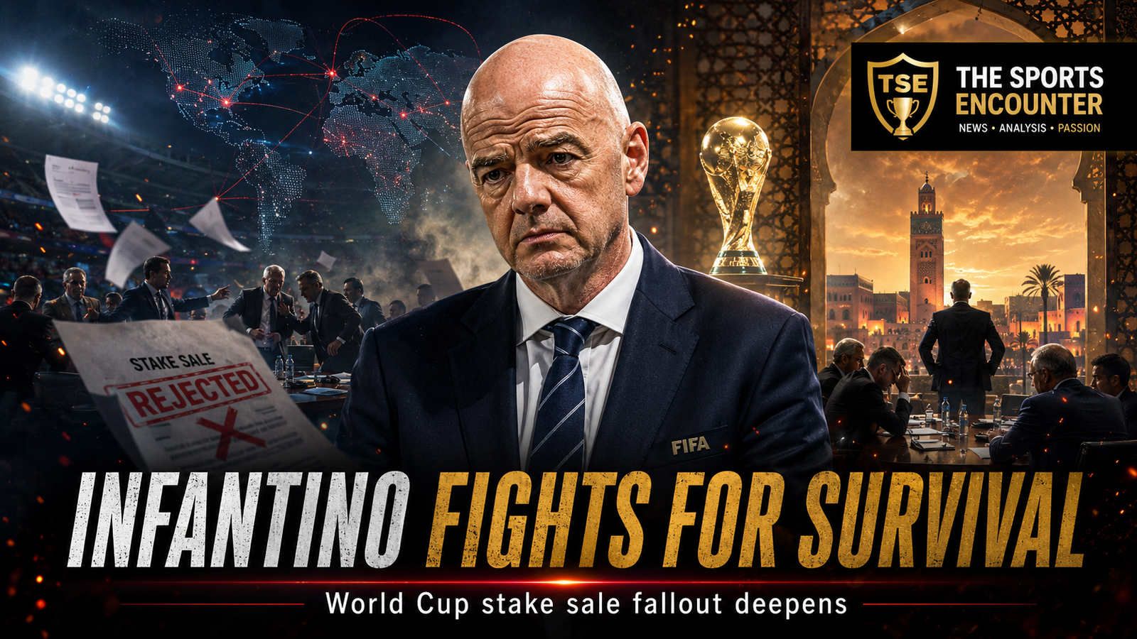 Gianni Infantino stands under pressure as FIFA officials hold crisis talks in Morocco following the rejected World Cup commercial stake sale proposal.