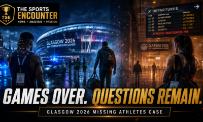 Athletes carrying travel bags leave the Glasgow 2026 Commonwealth Games venue as police investigate reports of competitors who failed to return home, with The Sports Encounter logo and the headline “Games Over. Questions Remain.”
