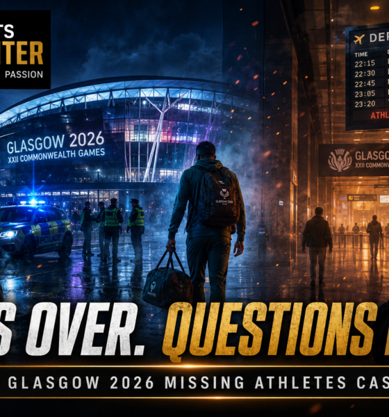 Athletes carrying travel bags leave the Glasgow 2026 Commonwealth Games venue as police investigate reports of competitors who failed to return home, with The Sports Encounter logo and the headline “Games Over. Questions Remain.”