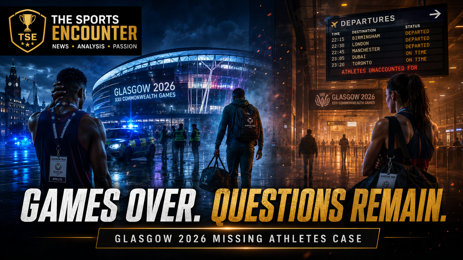 Athletes carrying travel bags leave the Glasgow 2026 Commonwealth Games venue as police investigate reports of competitors who failed to return home, with The Sports Encounter logo and the headline “Games Over. Questions Remain.”