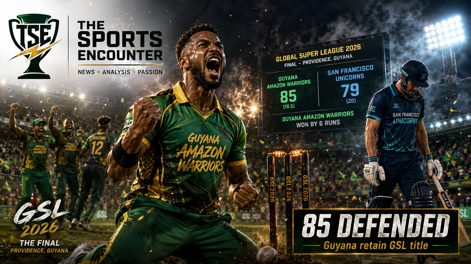 Global Super League, Guyana Amazon Warriors, San Francisco Unicorns, Dwaine Pretorius, Mohammad Nabi, Matthew Forde, Oliver Peake, GSL 2026, Providence Stadium, Cricket Final