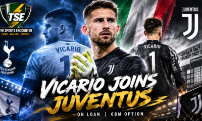 Guglielmo Vicario pictured in Juventus colors after joining the Serie A club on loan from Tottenham, with an €8 million purchase option highlighted in a cinematic transfer graphic.