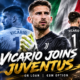 Guglielmo Vicario pictured in Juventus colors after joining the Serie A club on loan from Tottenham, with an €8 million purchase option highlighted in a cinematic transfer graphic.
