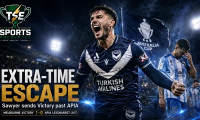 Harry Sawyer celebrates after scoring the extra-time winner for Melbourne Victory against APIA Leichhardt in the Hahn Australia Cup 2026 quarterfinal.
