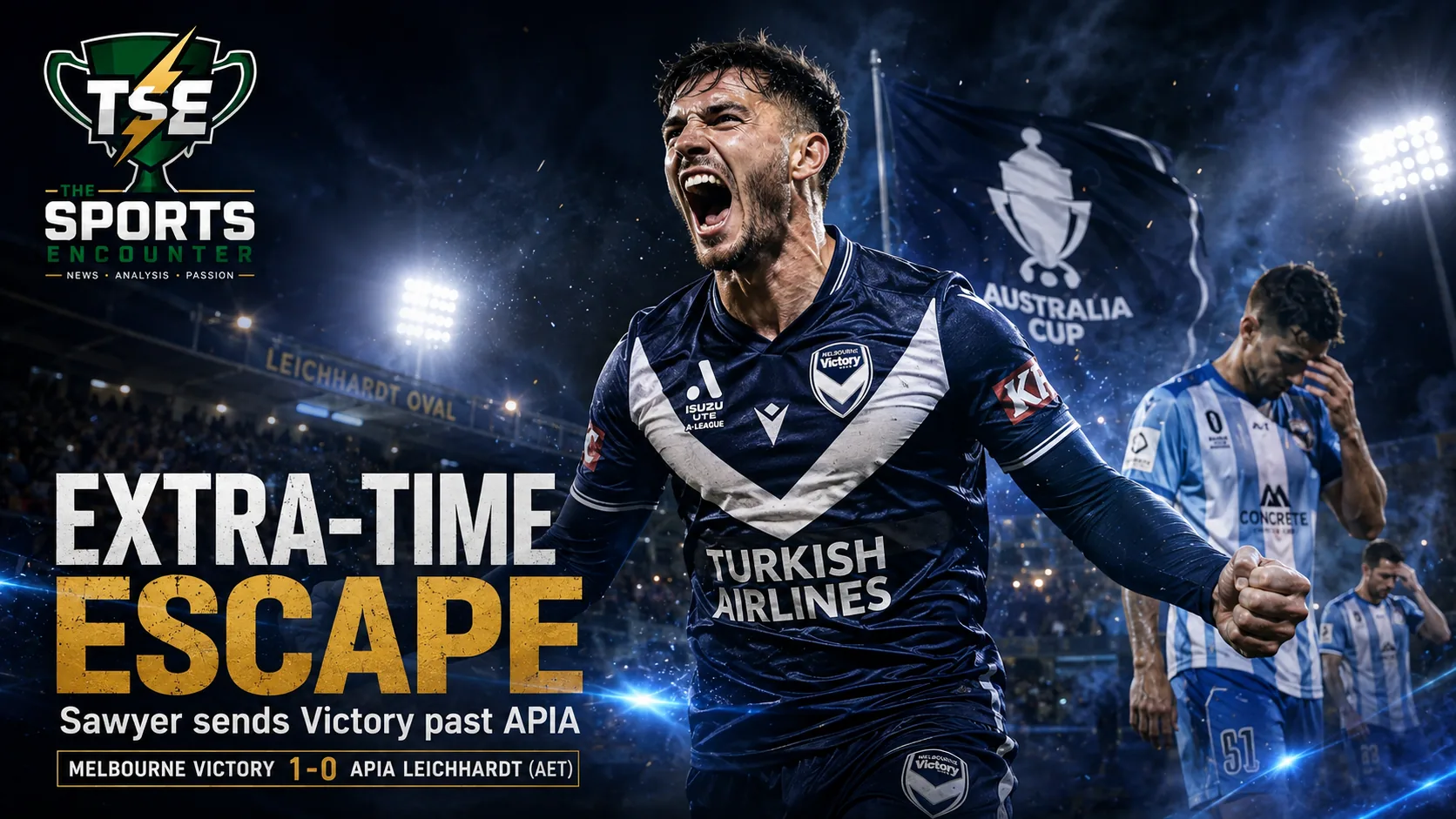 Harry Sawyer celebrates after scoring the extra-time winner for Melbourne Victory against APIA Leichhardt in the Hahn Australia Cup 2026 quarterfinal.